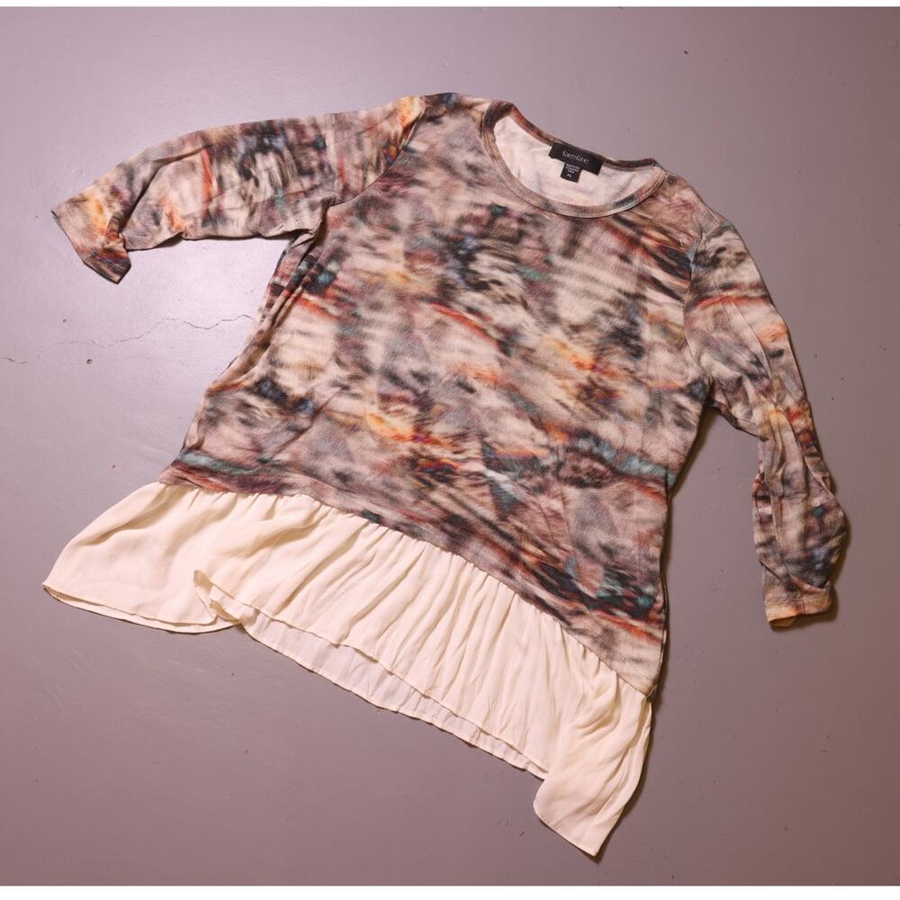 Karen Kane Abstract Print Top XL Ruffle Hem Sheer Overlay Neutral Boho